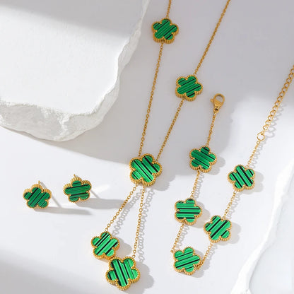 GANEMLY New Fashion Double Sided Green Five Leaf Flower Charm Bracelets For Women Girl Stainless Steel Clover Jewelry Gifts