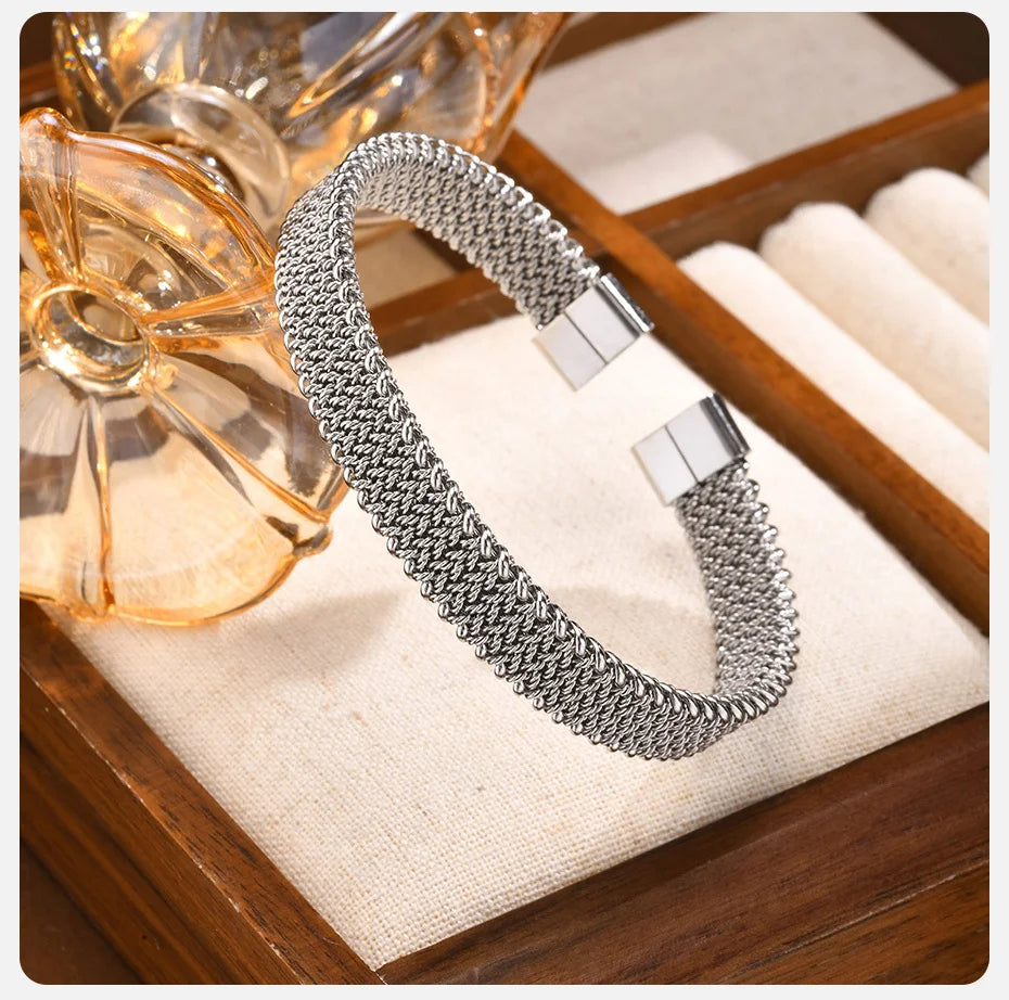 Vnox 10mm Woven Mesh Stainless Steel Open Bangle for Men Women,Vintage Adjustable Cuff Bracelets