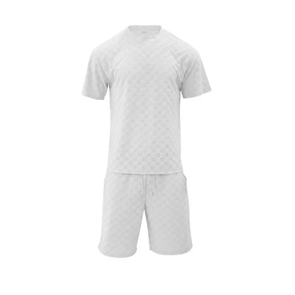 Men's Sports Suit Summer New Korean High Street Jacquard Plaid T-shirt Shorts Two-piece Set Male Casual Retro Loose O-neck Top