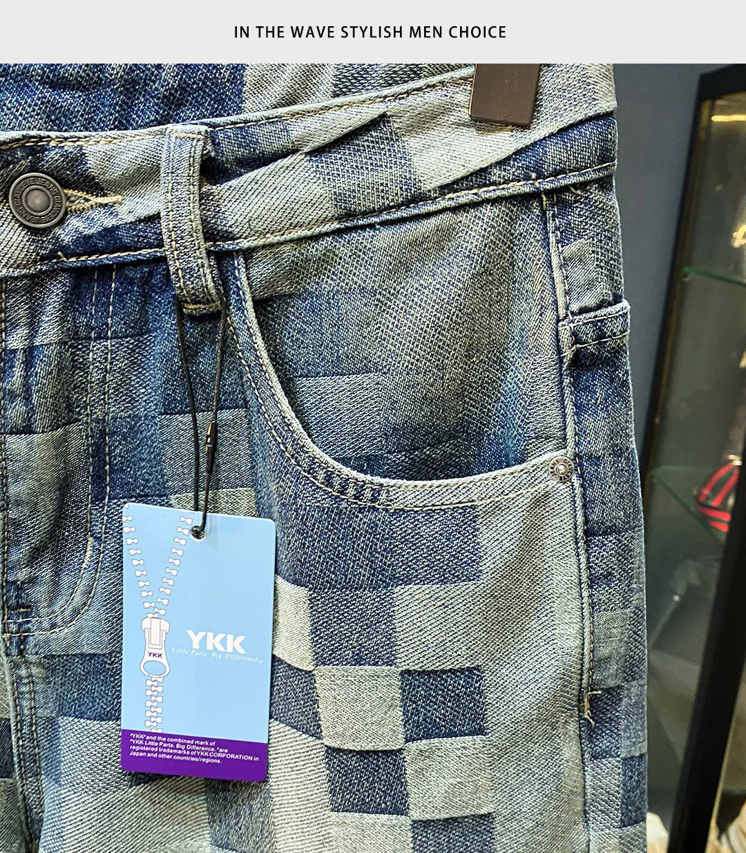Fashionable high-end denim shorts for men's summer street trend mosaic embroidery print retro loose five quarter pants