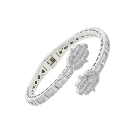 2025 New Iced Out Bling CZ Custom Opened Square Cubic Zircon Paved Hamsa Hand Charm Bracelet Bangle Hip Hop Sparking Jewelry