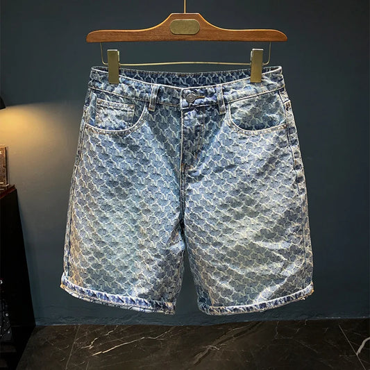 Jacquard denim shorts men's summer 2025 thin casual blue trendy brand loose design five quarter pants
