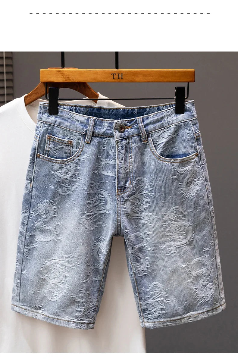 2024 Summer New Personality Dragon Print Stylish Straight Blue Denim Shorts Male Street Style Men's Straight Denim Shorts