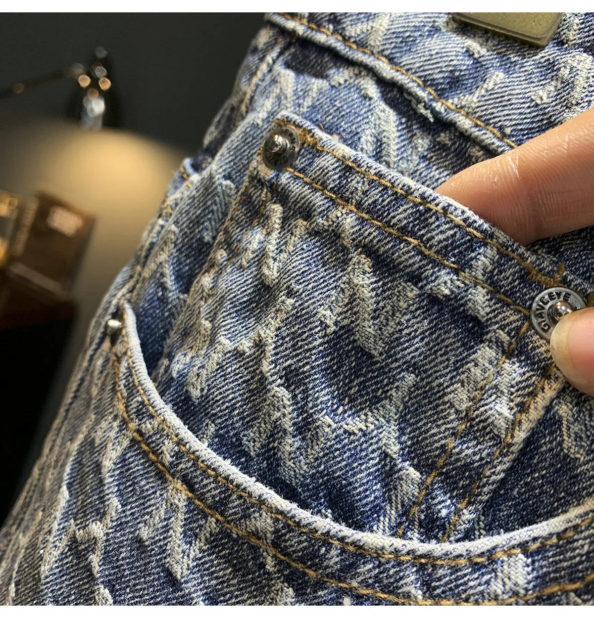 Jacquard denim shorts men's summer 2025 thin casual blue trendy brand loose design five quarter pants