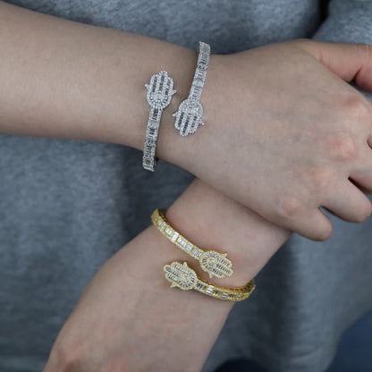2025 New Iced Out Bling CZ Custom Opened Square Cubic Zircon Paved Hamsa Hand Charm Bracelet Bangle Hip Hop Sparking Jewelry