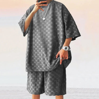 Men's Sports Suit Summer New Korean High Street Jacquard Plaid T-shirt Shorts Two-piece Set Male Casual Retro Loose O-neck Top