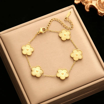 GANEMLY New Fashion Double Sided Green Five Leaf Flower Charm Bracelets For Women Girl Stainless Steel Clover Jewelry Gifts