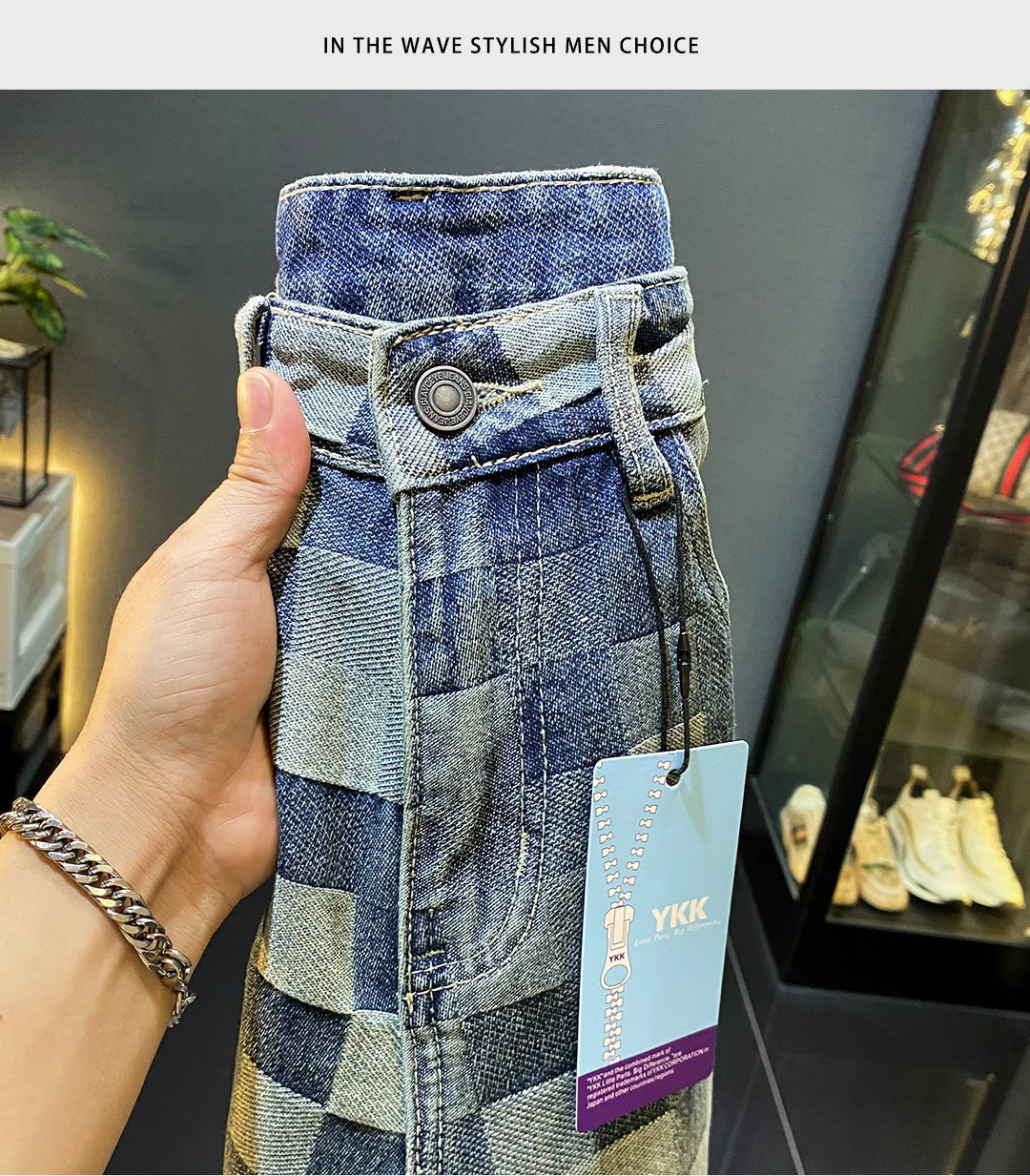Fashionable high-end denim shorts for men's summer street trend mosaic embroidery print retro loose five quarter pants