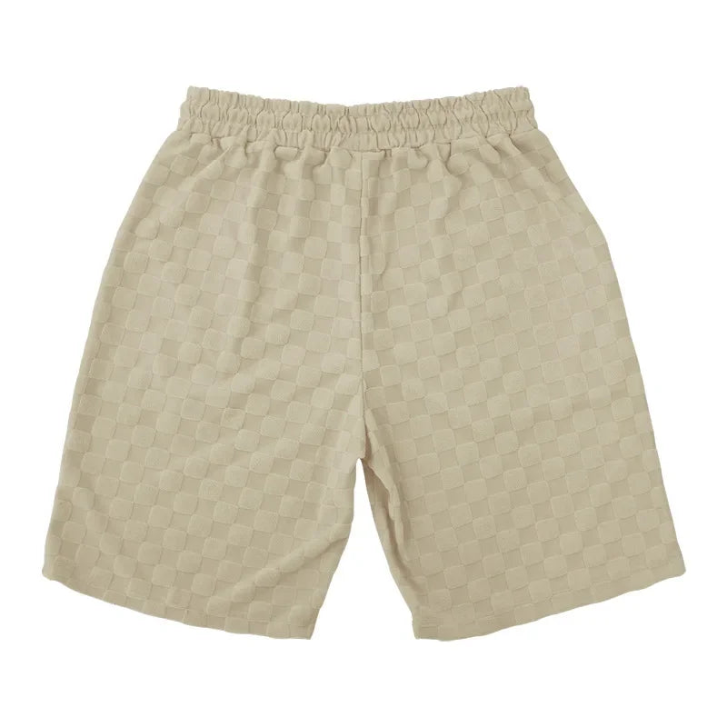 Men's Sports Suit Summer New Korean High Street Jacquard Plaid T-shirt Shorts Two-piece Set Male Casual Retro Loose O-neck Top