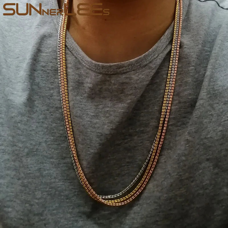 SUNNERLEES Fashion Jewelry White Rose Gold Plated Necklace 2.2mm Width 4 Lines Beads Link Chain Men Women Gift C80 N