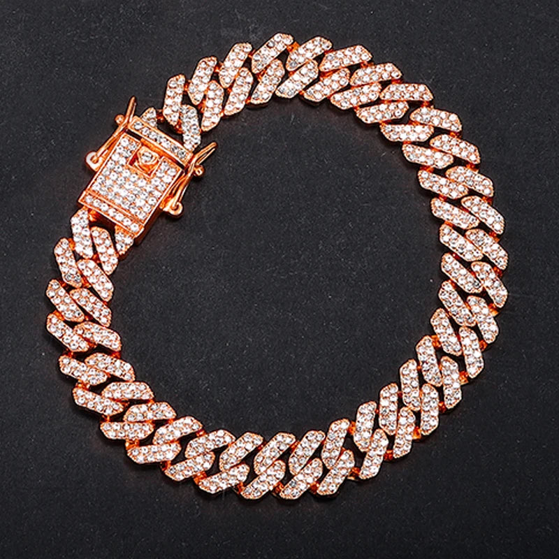 14MM  2 Row Rhinestone Paved Miami Rhombus Cuban Chain Hip Hop Men Women  Prong Cuban Link Chain Bracelet Iced Out men Jewelry