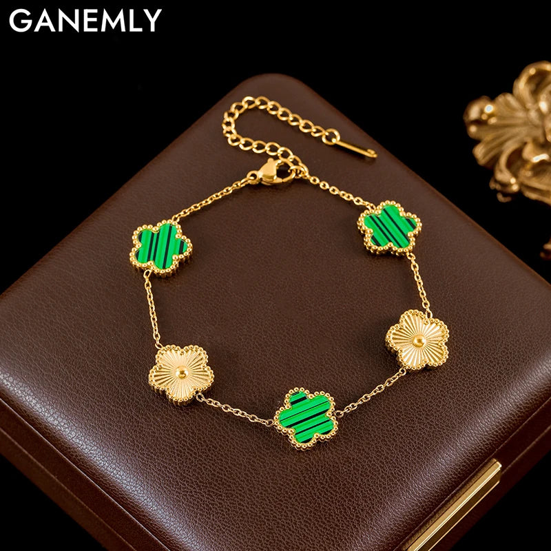 GANEMLY New Fashion Double Sided Green Five Leaf Flower Charm Bracelets For Women Girl Stainless Steel Clover Jewelry Gifts