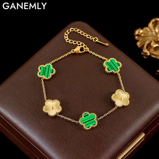 GANEMLY New Fashion Double Sided Green Five Leaf Flower Charm Bracelets For Women Girl Stainless Steel Clover Jewelry Gifts