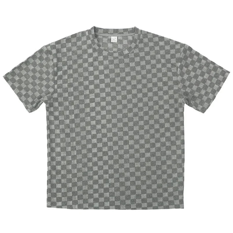 Men's Sports Suit Summer New Korean High Street Jacquard Plaid T-shirt Shorts Two-piece Set Male Casual Retro Loose O-neck Top