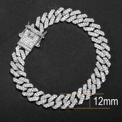 14MM  2 Row Rhinestone Paved Miami Rhombus Cuban Chain Hip Hop Men Women  Prong Cuban Link Chain Bracelet Iced Out men Jewelry