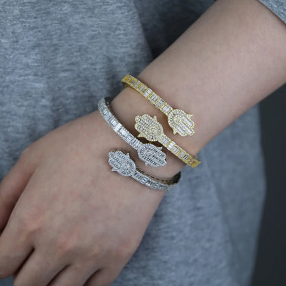 2025 New Iced Out Bling CZ Custom Opened Square Cubic Zircon Paved Hamsa Hand Charm Bracelet Bangle Hip Hop Sparking Jewelry