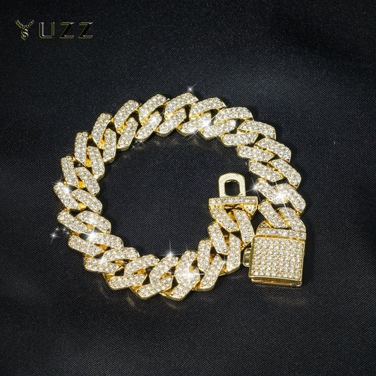 Hip Hop 15mm Cuban Link Chain Bracelet For Men Silver Color Iced Out Rhinestone Miami Bracelets Punk Women with Box Clasp Gift
