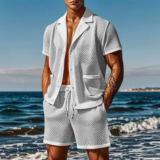 2024 Mesh Breathable Ice Cool Casual Suit Thin Men's Short Sleeve Shorts Two-piece Set