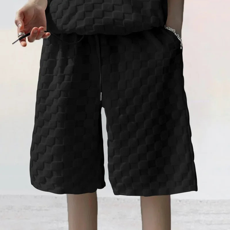 Men's Sports Suit Summer New Korean High Street Jacquard Plaid T-shirt Shorts Two-piece Set Male Casual Retro Loose O-neck Top