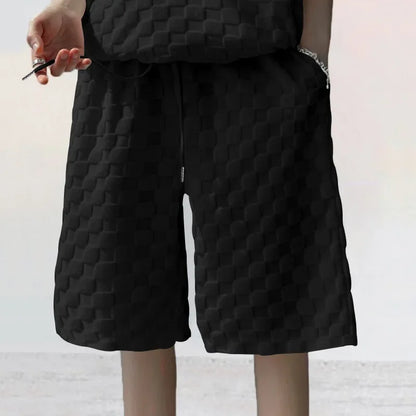 Men's Sports Suit Summer New Korean High Street Jacquard Plaid T-shirt Shorts Two-piece Set Male Casual Retro Loose O-neck Top