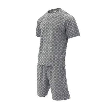 Men's Sports Suit Summer New Korean High Street Jacquard Plaid T-shirt Shorts Two-piece Set Male Casual Retro Loose O-neck Top