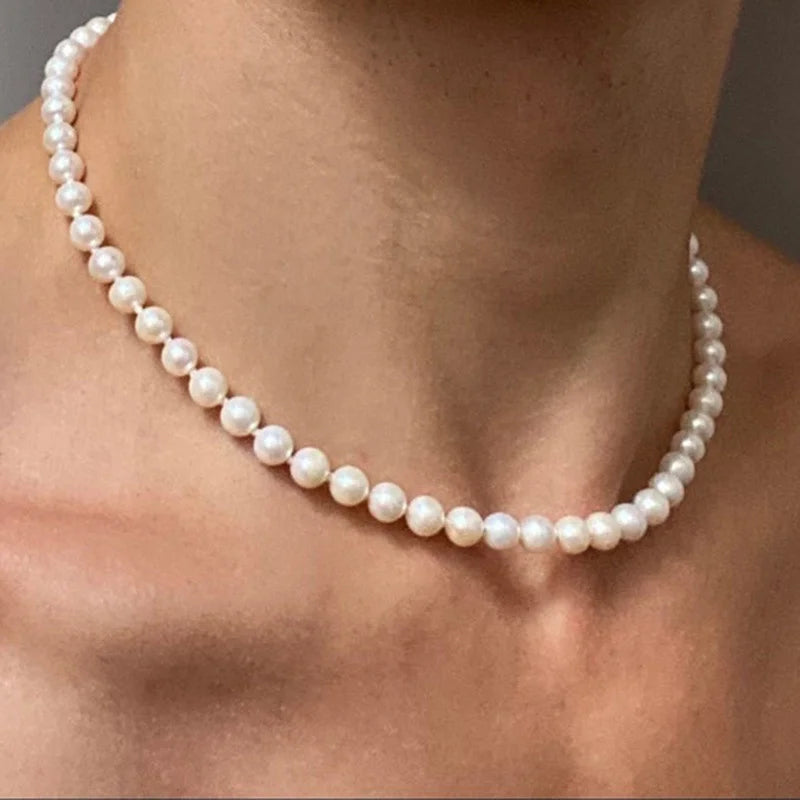 Cool Artificial White Pearl Necklace 1 Pcs Choker Beaded Chain for Men and Women Fashion Jewelry Gift