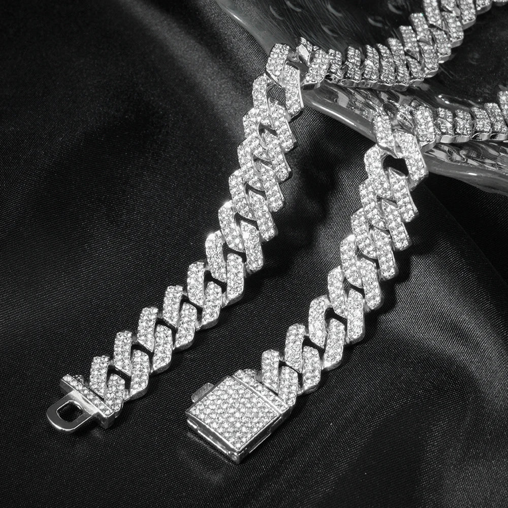 Hip Hop 15mm Cuban Link Chain Bracelet For Men Silver Color Iced Out Rhinestone Miami Bracelets Punk Women with Box Clasp Gift
