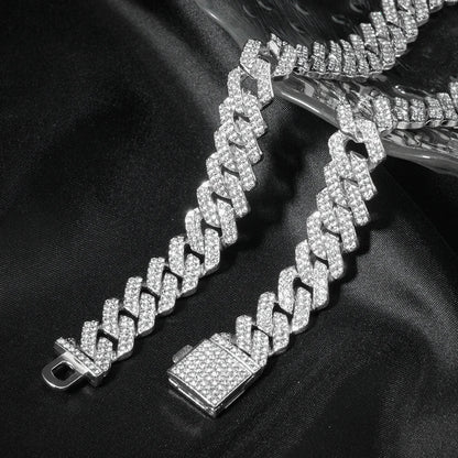 Hip Hop 15mm Cuban Link Chain Bracelet For Men Silver Color Iced Out Rhinestone Miami Bracelets Punk Women with Box Clasp Gift