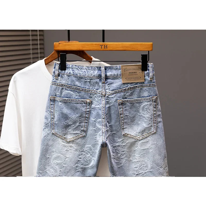 2024 Summer New Personality Dragon Print Stylish Straight Blue Denim Shorts Male Street Style Men's Straight Denim Shorts