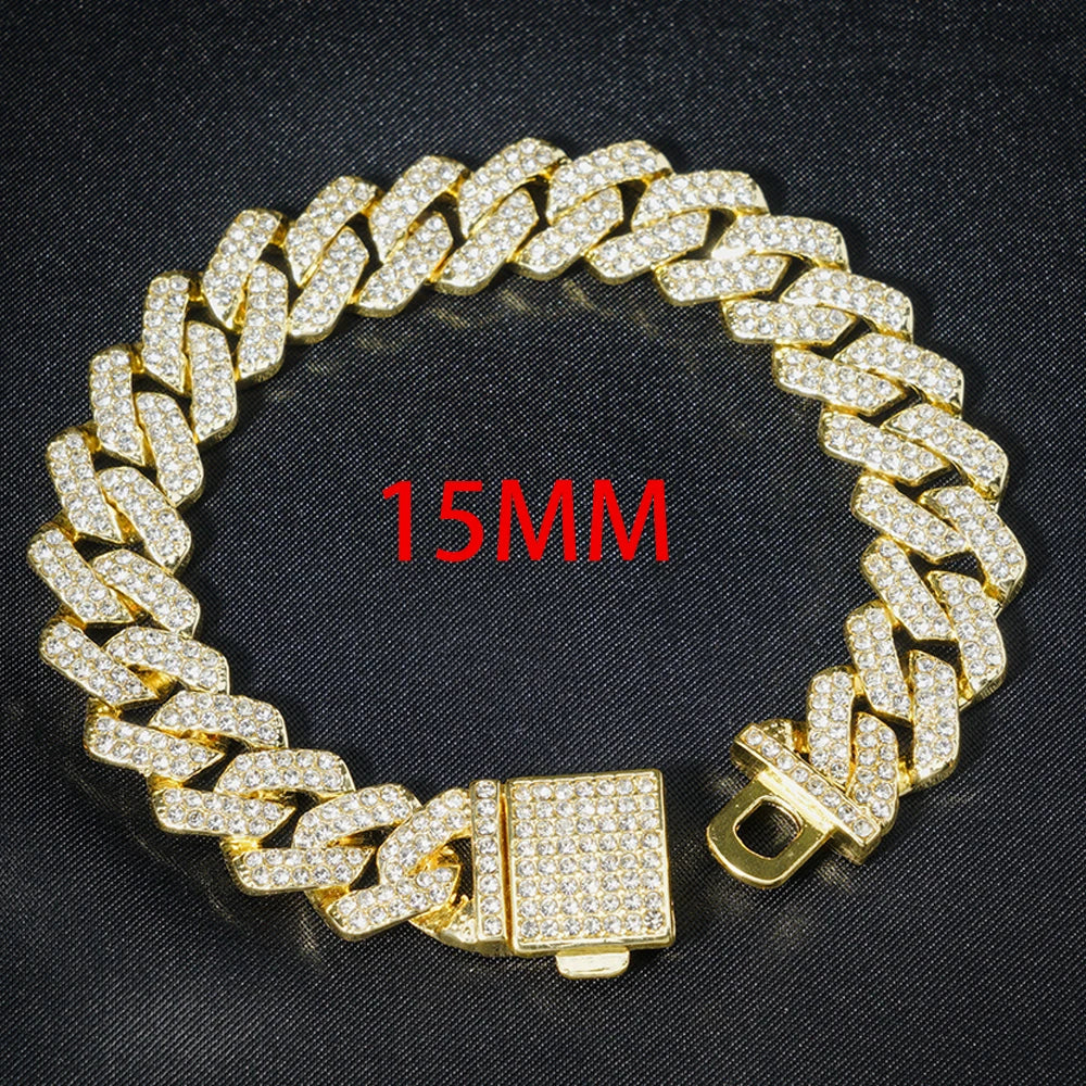 Hip Hop 15mm Cuban Link Chain Bracelet For Men Silver Color Iced Out Rhinestone Miami Bracelets Punk Women with Box Clasp Gift