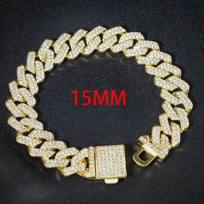 Hip Hop 15mm Cuban Link Chain Bracelet For Men Silver Color Iced Out Rhinestone Miami Bracelets Punk Women with Box Clasp Gift