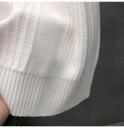 Pure White Floral Short Sleeve Men's Knitted Shirt Thin Base Layer Top Summer Trendy Brand Crew Neck Half Sleeve T-shirt
