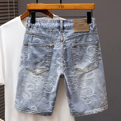 2024 Summer New Personality Dragon Print Stylish Straight Blue Denim Shorts Male Street Style Men's Straight Denim Shorts