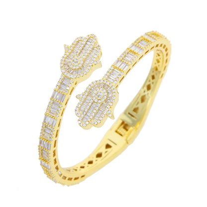 2025 New Iced Out Bling CZ Custom Opened Square Cubic Zircon Paved Hamsa Hand Charm Bracelet Bangle Hip Hop Sparking Jewelry