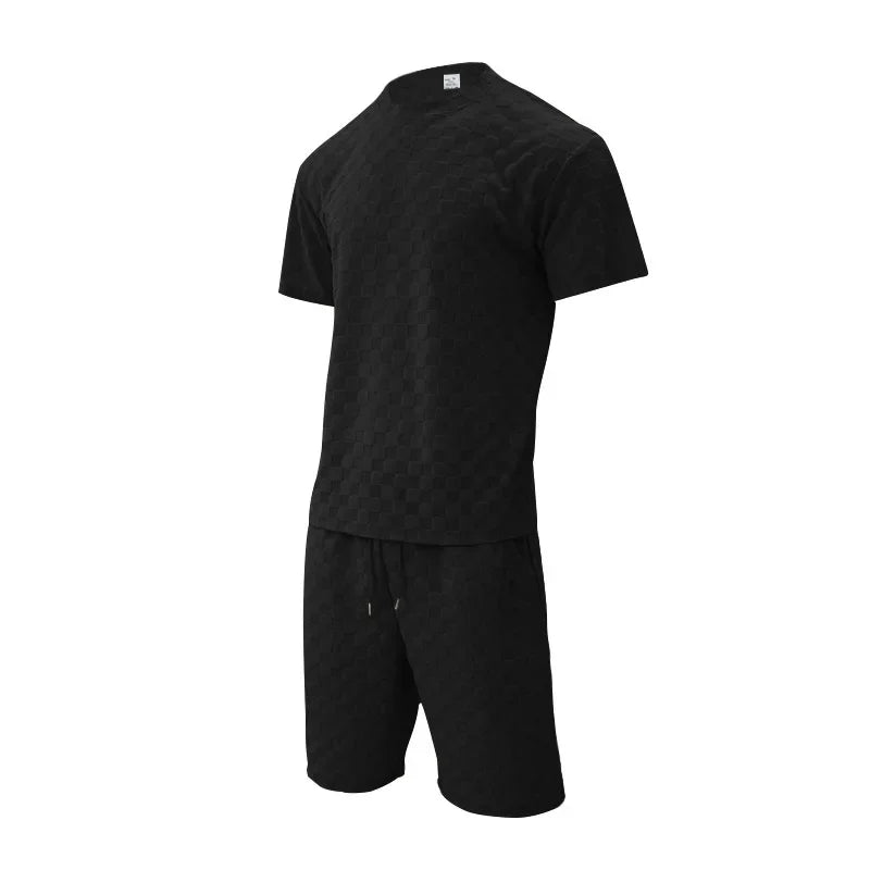 Men's Sports Suit Summer New Korean High Street Jacquard Plaid T-shirt Shorts Two-piece Set Male Casual Retro Loose O-neck Top