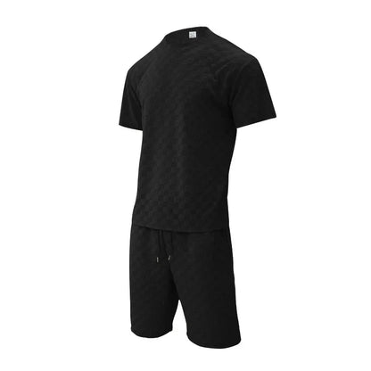 Men's Sports Suit Summer New Korean High Street Jacquard Plaid T-shirt Shorts Two-piece Set Male Casual Retro Loose O-neck Top