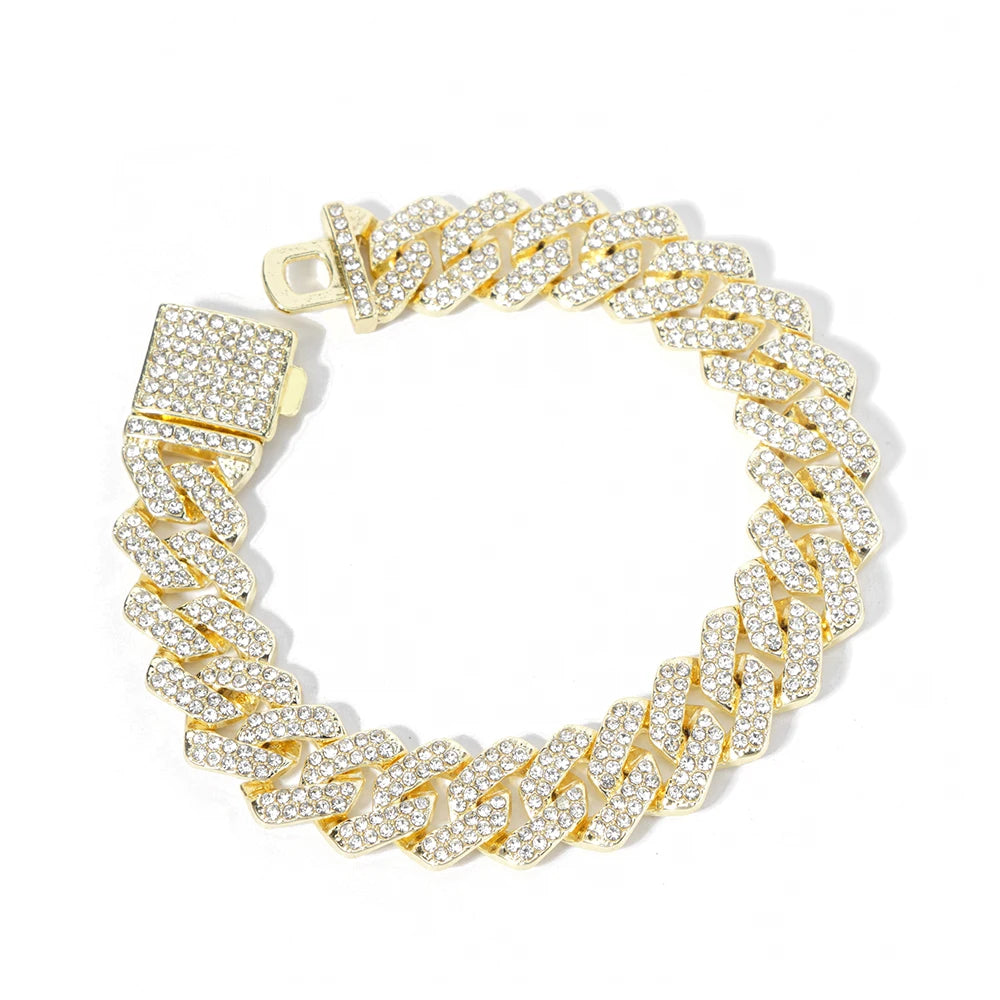 Hip Hop 15mm Cuban Link Chain Bracelet For Men Silver Color Iced Out Rhinestone Miami Bracelets Punk Women with Box Clasp Gift