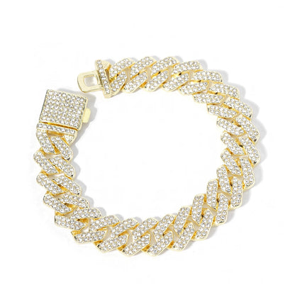 Hip Hop 15mm Cuban Link Chain Bracelet For Men Silver Color Iced Out Rhinestone Miami Bracelets Punk Women with Box Clasp Gift