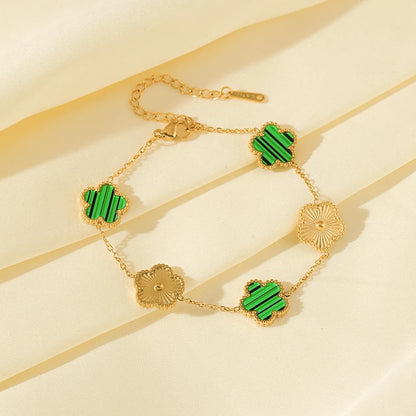 GANEMLY New Fashion Double Sided Green Five Leaf Flower Charm Bracelets For Women Girl Stainless Steel Clover Jewelry Gifts