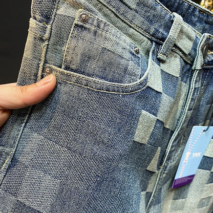 Fashionable high-end denim shorts for men's summer street trend mosaic embroidery print retro loose five quarter pants