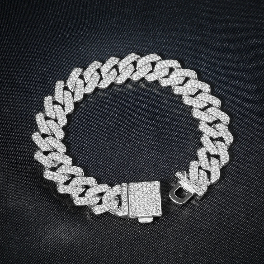Hip Hop 15mm Cuban Link Chain Bracelet For Men Silver Color Iced Out Rhinestone Miami Bracelets Punk Women with Box Clasp Gift