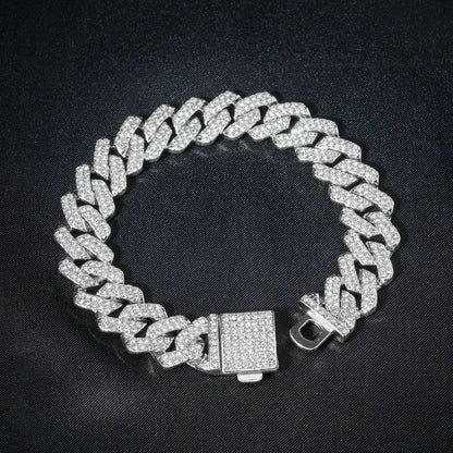 Hip Hop 15mm Cuban Link Chain Bracelet For Men Silver Color Iced Out Rhinestone Miami Bracelets Punk Women with Box Clasp Gift