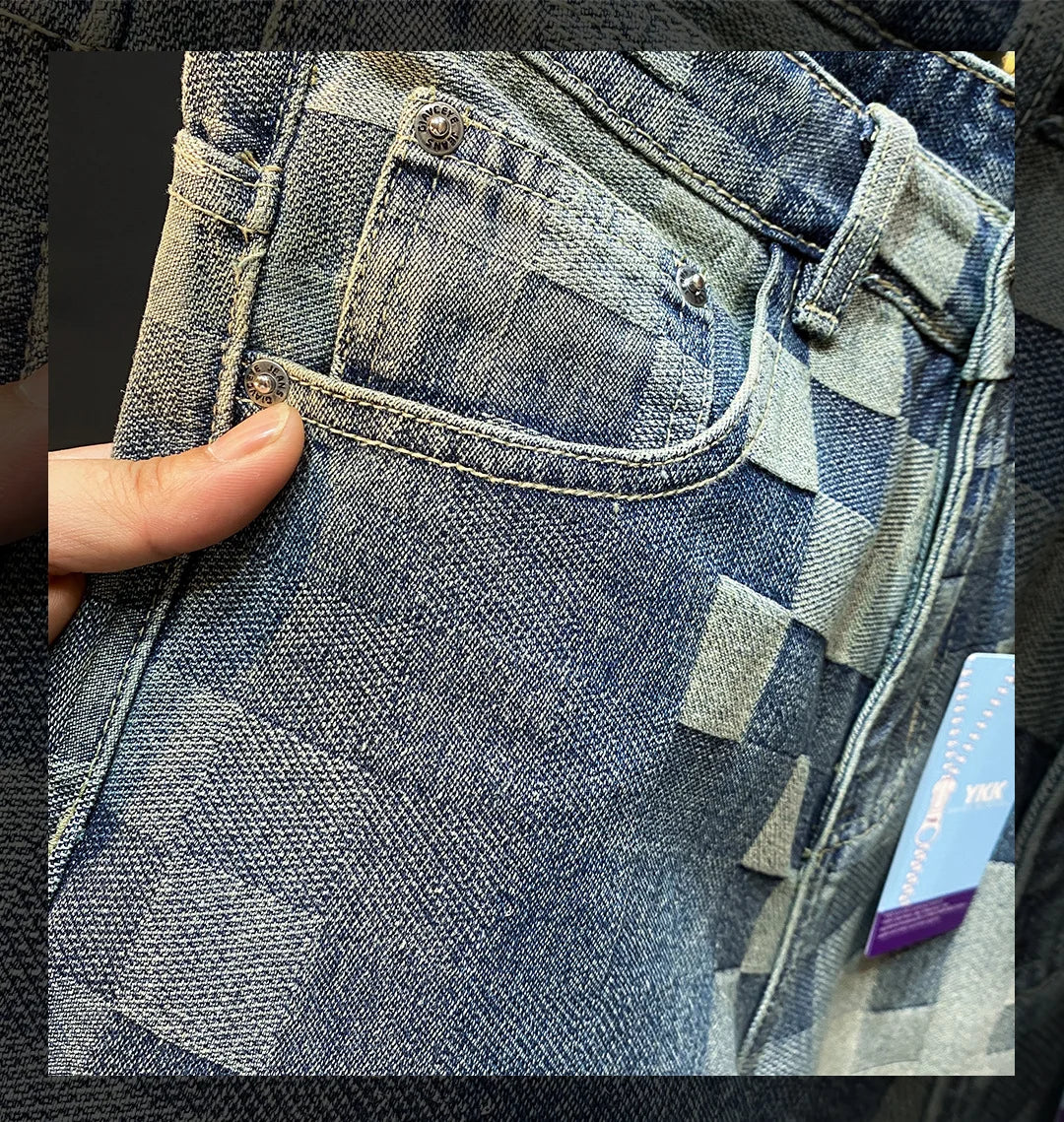 Fashionable high-end denim shorts for men's summer street trend mosaic embroidery print retro loose five quarter pants