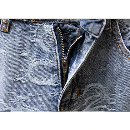 2024 Summer New Personality Dragon Print Stylish Straight Blue Denim Shorts Male Street Style Men's Straight Denim Shorts