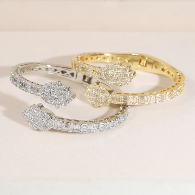 2025 New Iced Out Bling CZ Custom Opened Square Cubic Zircon Paved Hamsa Hand Charm Bracelet Bangle Hip Hop Sparking Jewelry