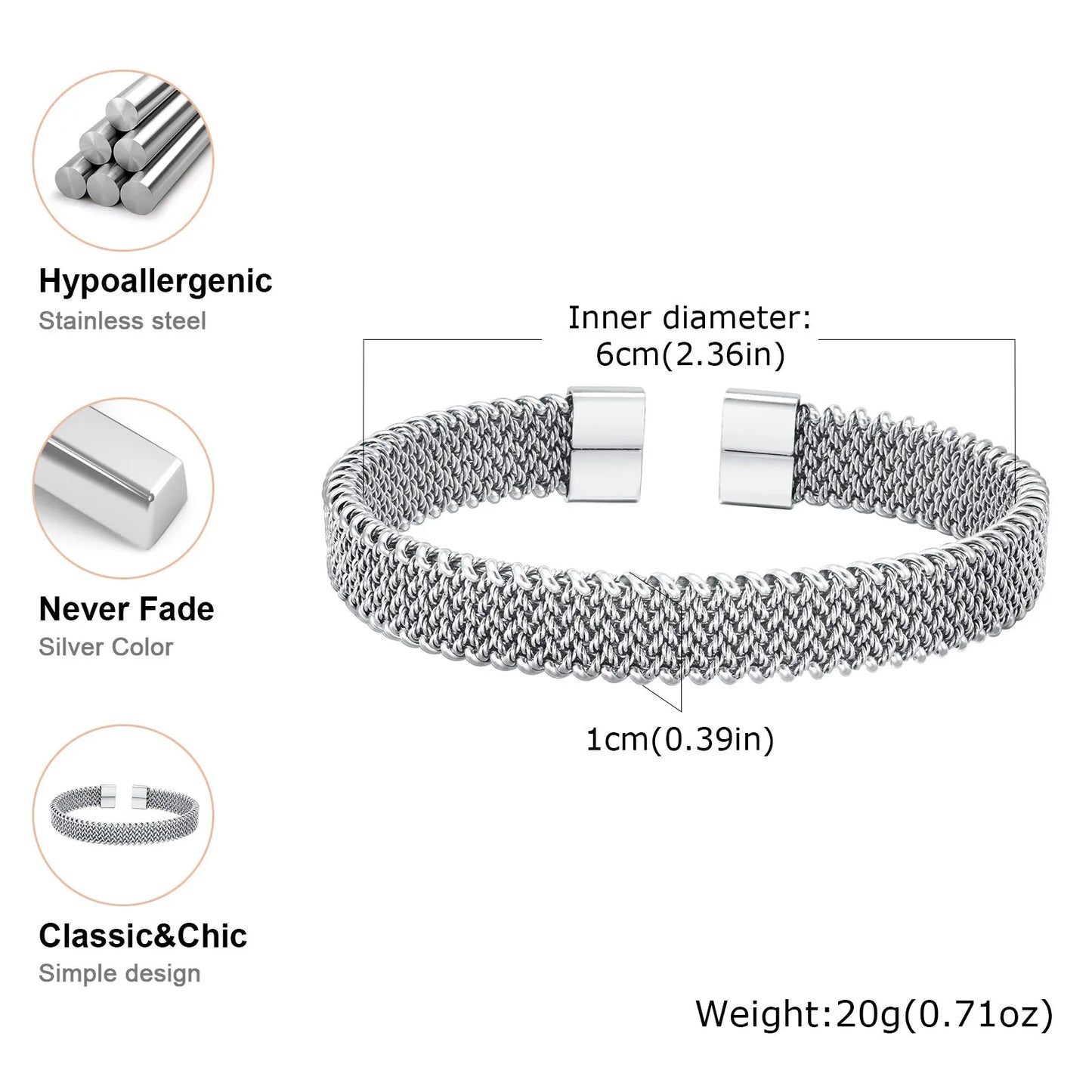 Vnox 10mm Woven Mesh Stainless Steel Open Bangle for Men Women,Vintage Adjustable Cuff Bracelets