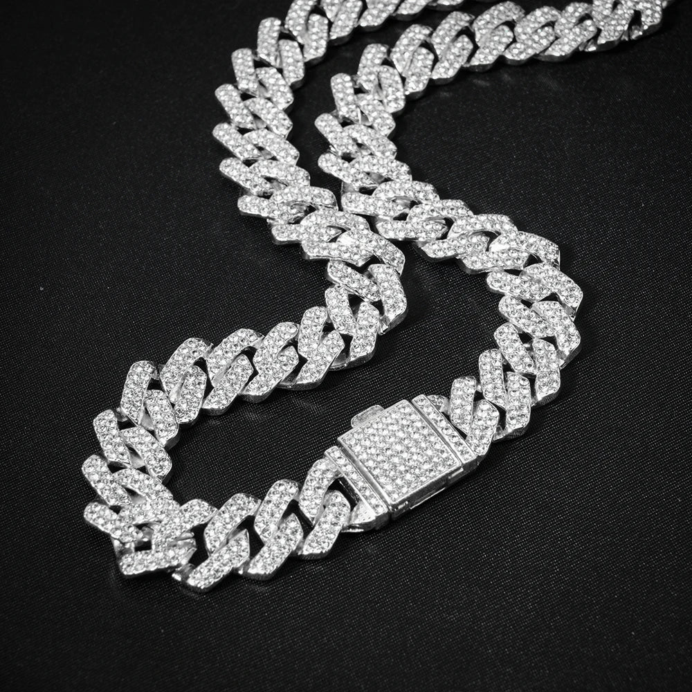 Hip Hop 15mm Cuban Link Chain Bracelet For Men Silver Color Iced Out Rhinestone Miami Bracelets Punk Women with Box Clasp Gift