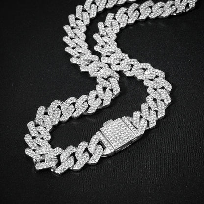 Hip Hop 15mm Cuban Link Chain Bracelet For Men Silver Color Iced Out Rhinestone Miami Bracelets Punk Women with Box Clasp Gift