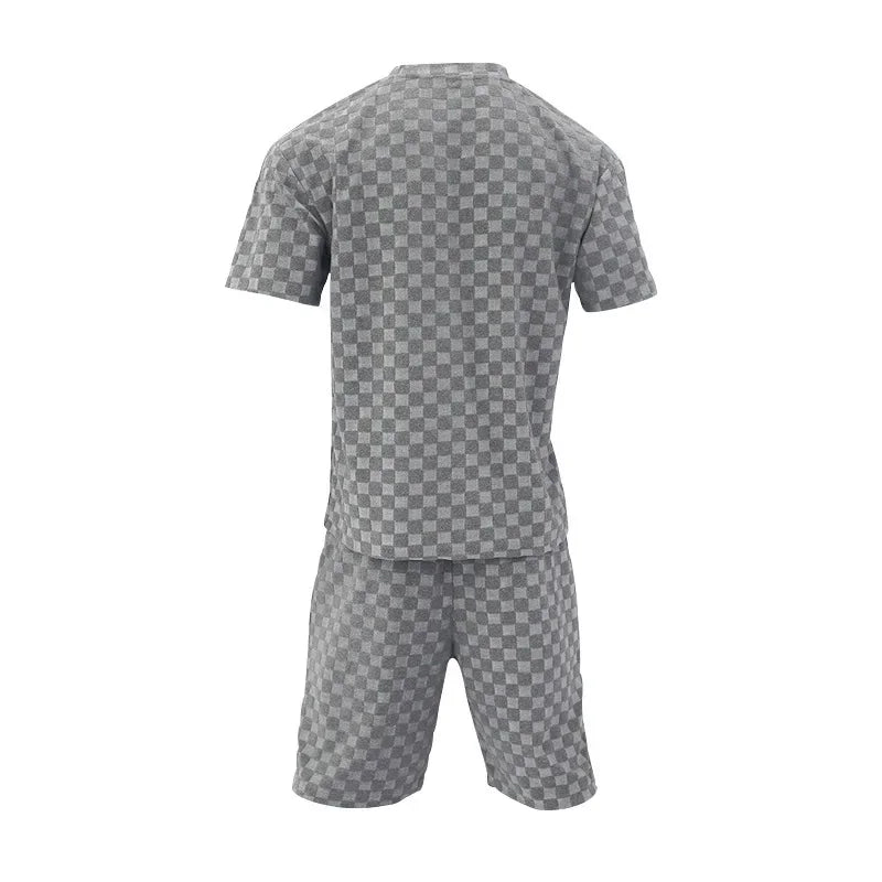 Men's Sports Suit Summer New Korean High Street Jacquard Plaid T-shirt Shorts Two-piece Set Male Casual Retro Loose O-neck Top