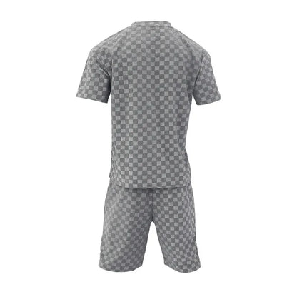 Men's Sports Suit Summer New Korean High Street Jacquard Plaid T-shirt Shorts Two-piece Set Male Casual Retro Loose O-neck Top